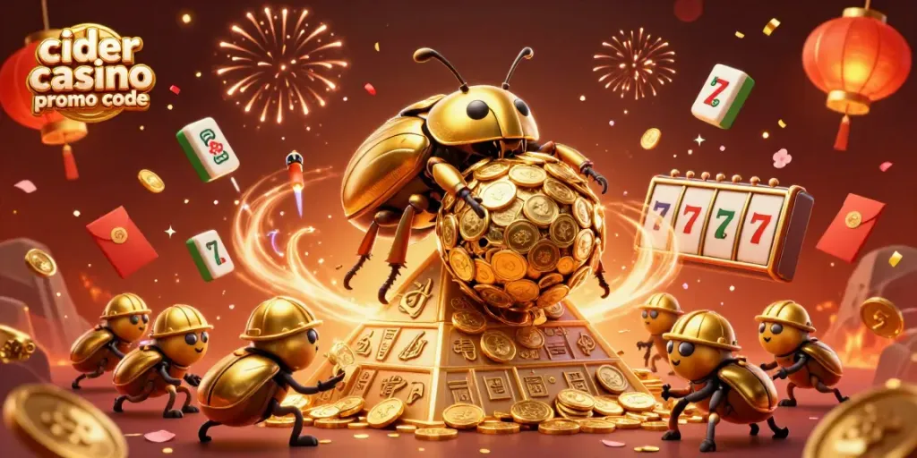 Spin the reels with cider casino promo code, featuring golden beetles rolling coins in a vibrant scene.