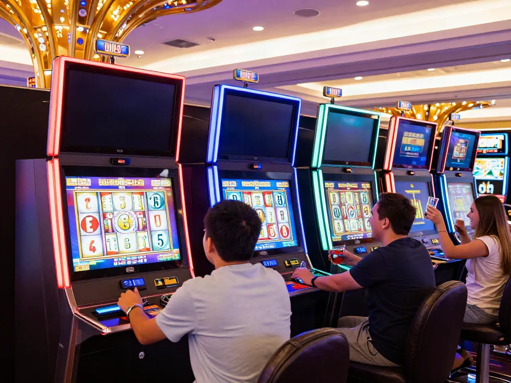 Exciting gaming scene with players at modern slot machines in a vibrant casino atmosphere.