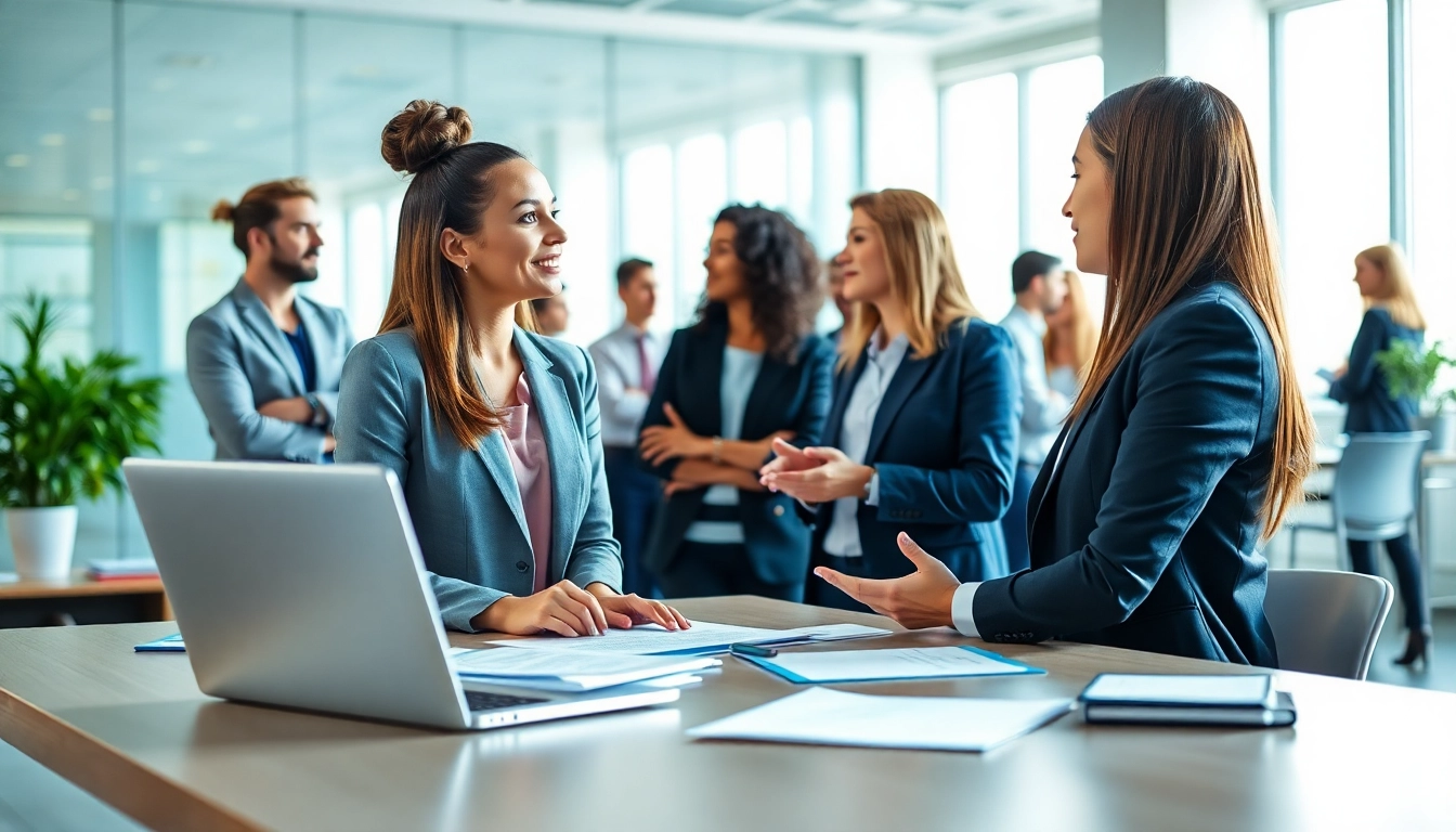 Recruiters discuss opportunities in temp agencies with candidates in a professional setting.
