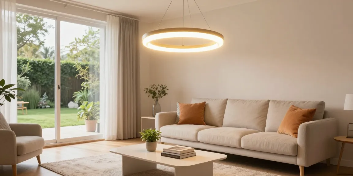 lustra living stilată în living, iluminând cu o lumină caldă, decor modern și confortabil