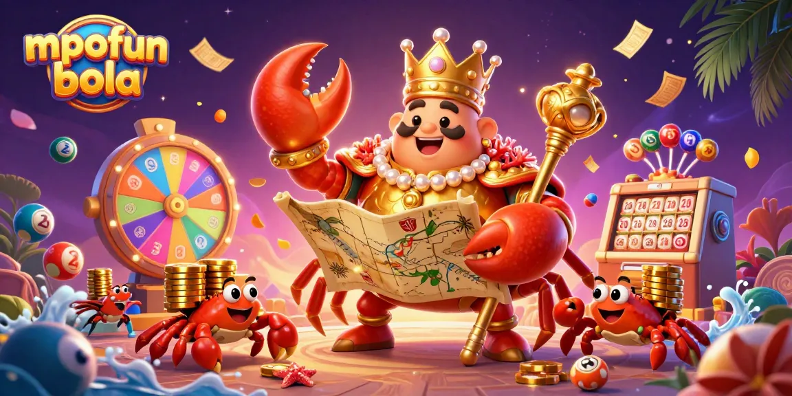 Engage with mpofun bola in a vibrant casino scene featuring a golden crab emperor and lottery elements.