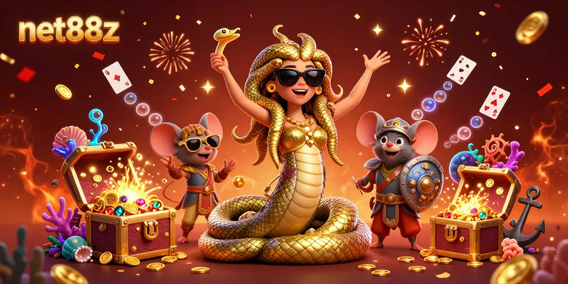 Play dynamic games at net88z with Medusa and warrior mouse, amidst vibrant casino elements.