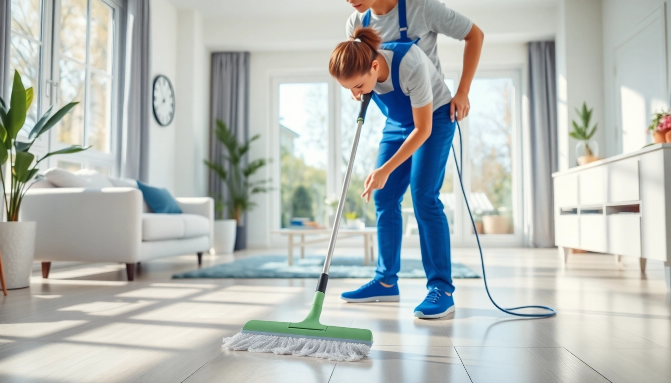 Bond cleaning in action with a professional cleaner meticulously scrubing surfaces in a bright living room.