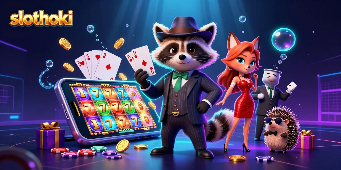 Menggandakan peluang di slothoki dengan ilustrasi 3D ramah slot, menampilkan rakun, rubah, dan landak dalam suasana kasino yang hidup.