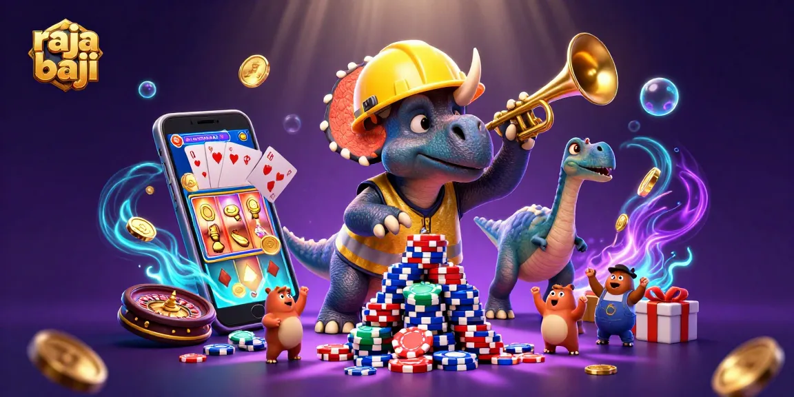 Join raja baji for a vibrant casino celebration with poker chips, slot games, and festive dinosaurs!