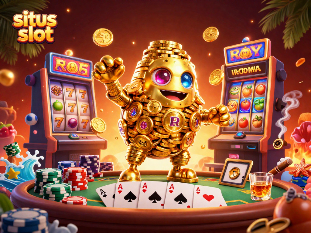 Ilustrasi golem emas berukuran 3D dengan simbol slot di tubuhnya memberi kemenangan di situs slot.