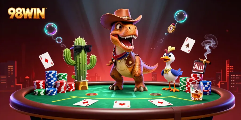 Join the thrilling action at 98WIN with vibrant casino characters and a dynamic poker scene.