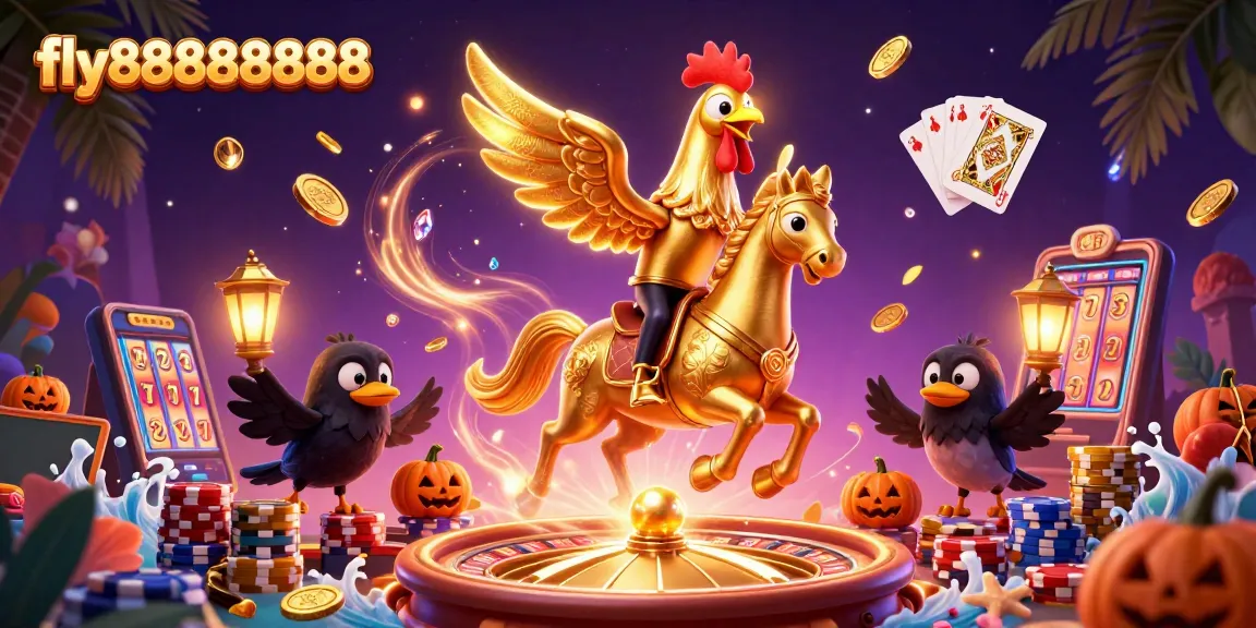 Experience exhilarating gaming with fly88888888 featuring golden rooster amidst a vibrant casino.