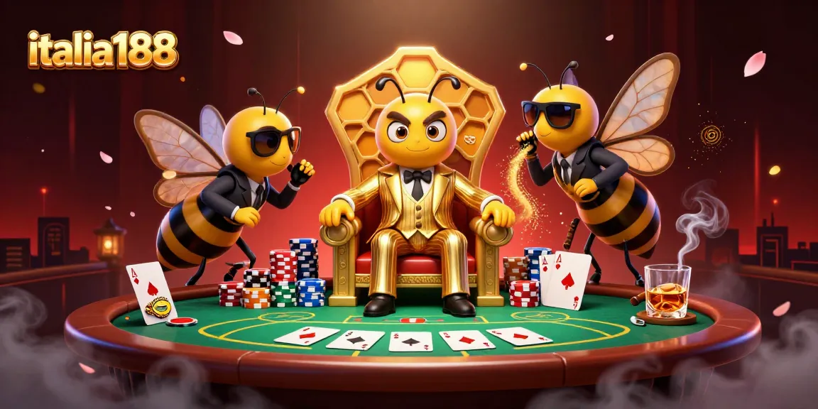 Gambarkan italia188 dengan bos lebah dan meja poker mewah di arena kasino yang glamor.