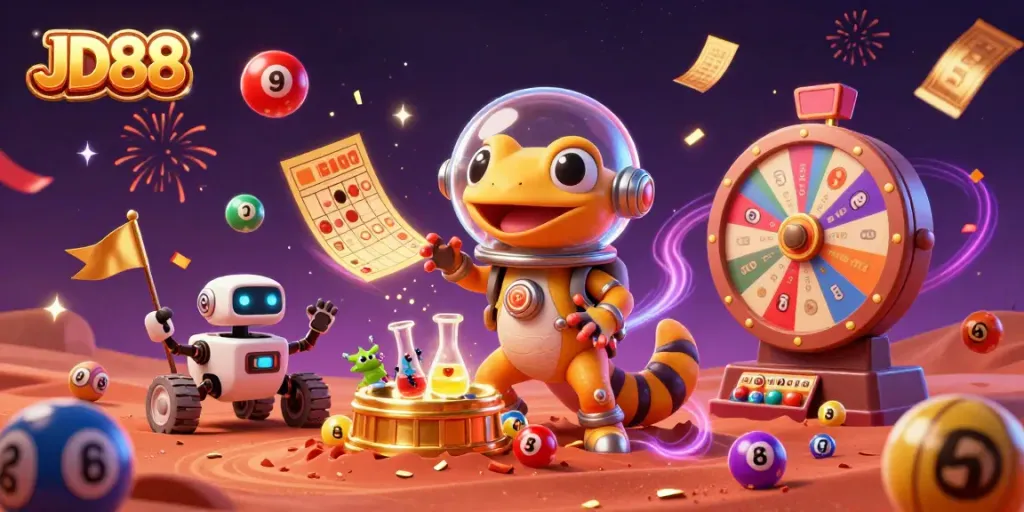 Experience thrilling casino adventures at JD88 with a vibrant Martian gecko discovering a golden treasure.