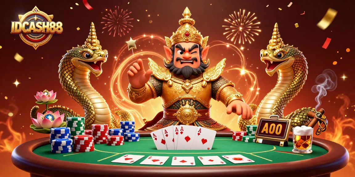 IDCASH88 showcases a vibrant poker scene with a temple guardian and dynamic game elements.