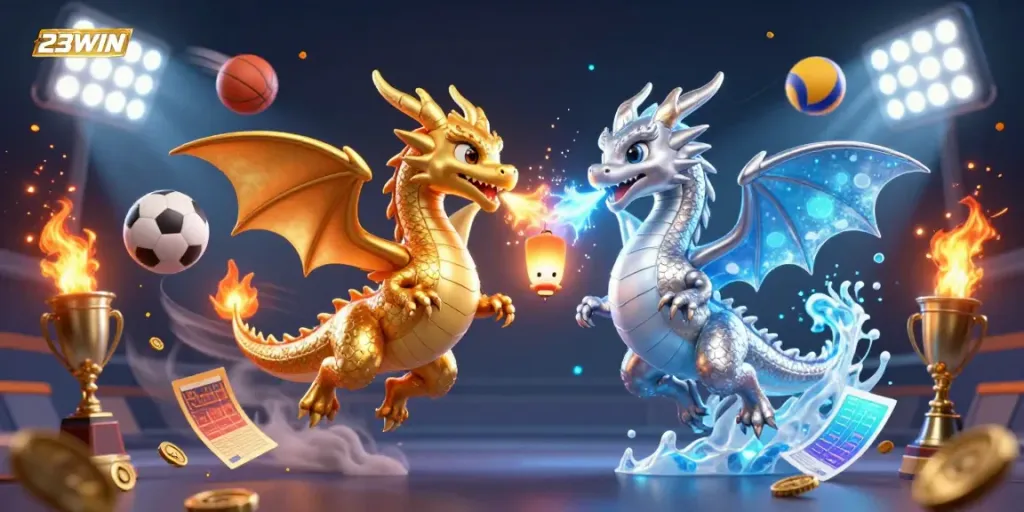 Engage with thrilling gaming action, featuring 23WIN's dynamic scene of dual dragons amidst vibrant sports elements.