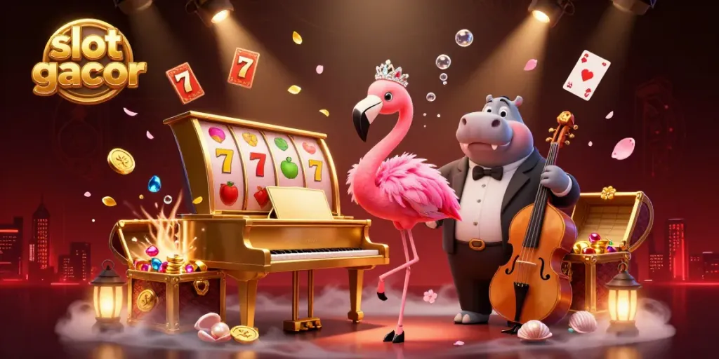 Experience vibrant slot gacor action with a lively flamingo and hippo in a dynamic casino scene.