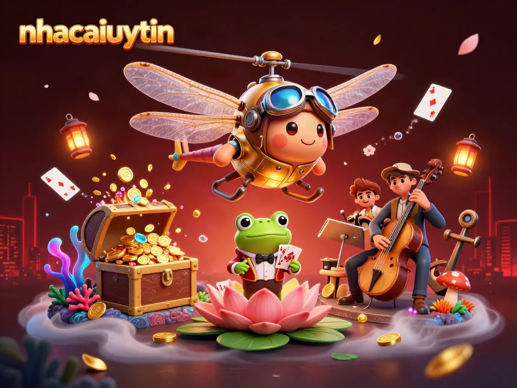 Engage with the thrilling fantasy scene featuring nhacaiuytin, showcasing a dragonfly pilot, frog dealer, and vibrant casino elements.