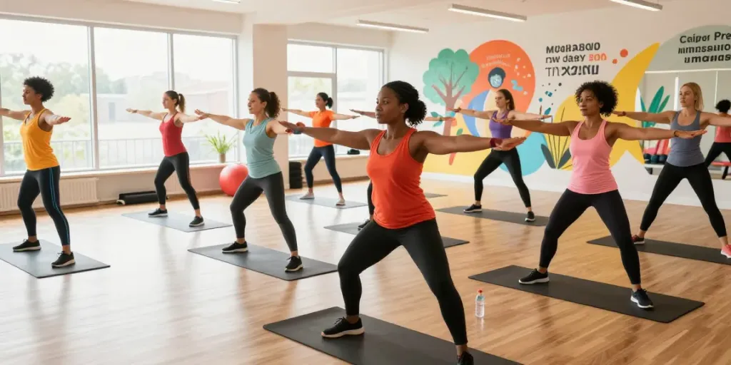 Group exercise class promoting metabolic health with mazdu focus in a bright fitness studio.