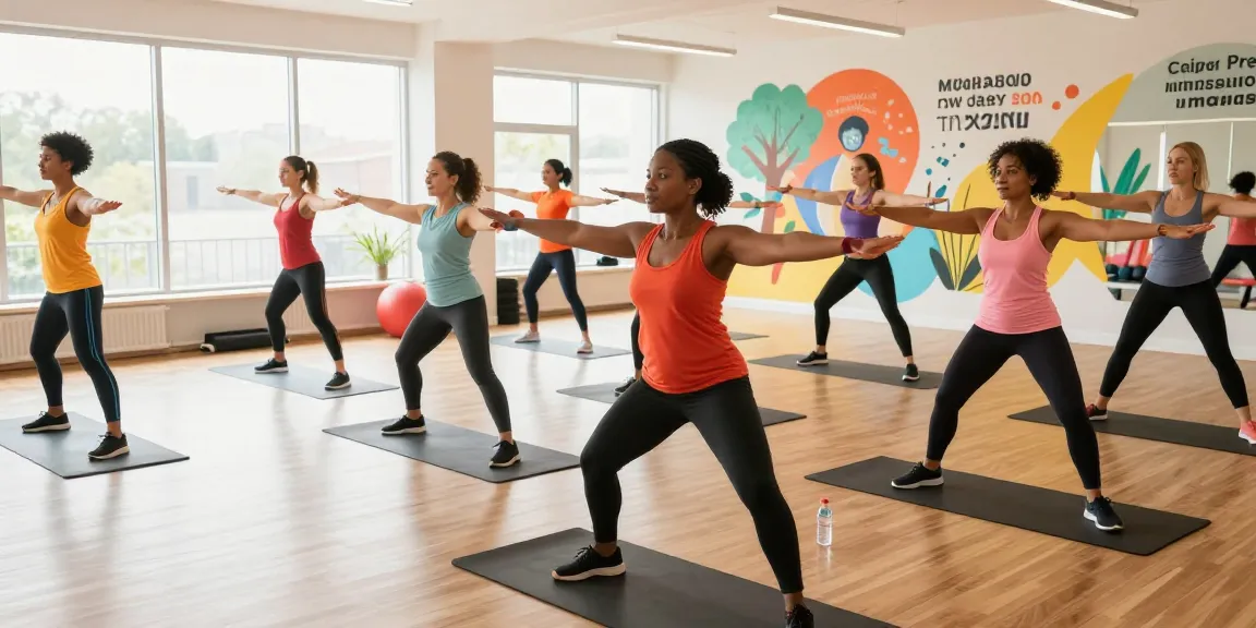 Group exercise class promoting metabolic health with mazdu focus in a bright fitness studio.