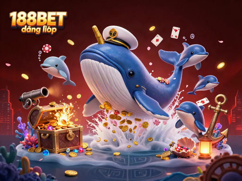 Experience 188BET đăng nhập with dynamic 3D casino elements featuring a whale and playful dolphins.
