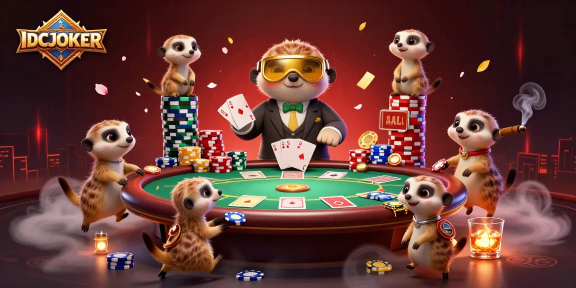IDCJOKER meerkats managing a vibrant casino operation with poker elements.