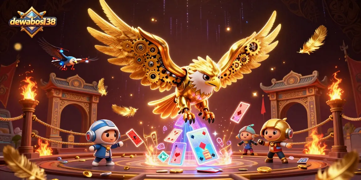 Dive into the excitement at dewabos138 with a cybernetic eagle soaring through holographic cards and coins.