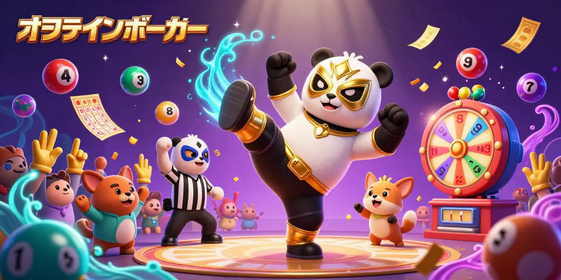 オンラインポーカーでの熱い試合を楽しむ小さな動物たちとプロレス風のパンダのイラスト