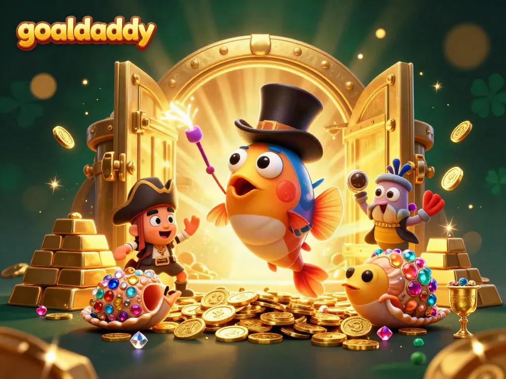 Experience the excitement of goaldaddy with a vibrant gaming scene featuring an anglerfish, shrimp, and sea snail amidst treasures.