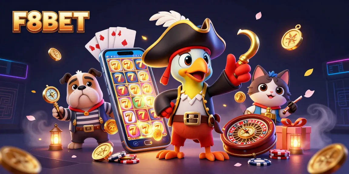 Experience vibrant gaming with F8BET's dynamic casino illustration featuring engaging characters and game elements.
