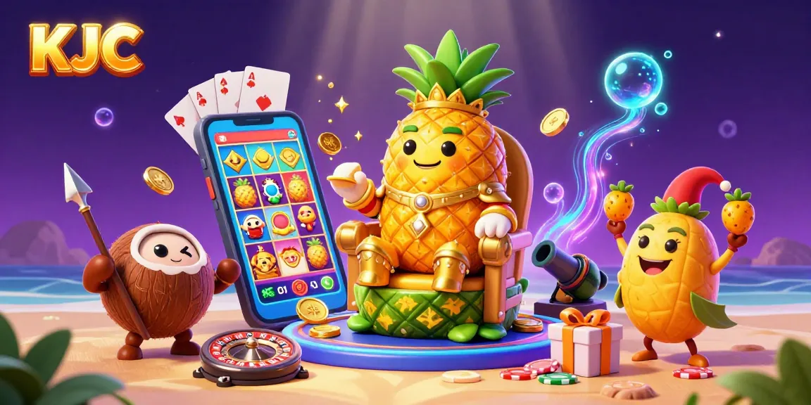 KJC showcases a lively and festive casino atmosphere featuring colorful games with playful characters and golden coins.