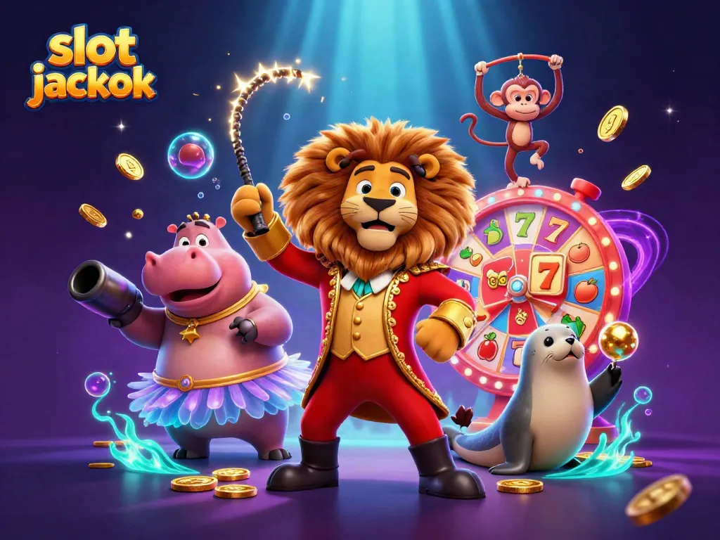 Experience the thrill of hitting a slot jackpot with a dynamic circus-themed illustration featuring characters and vibrant casino elements
