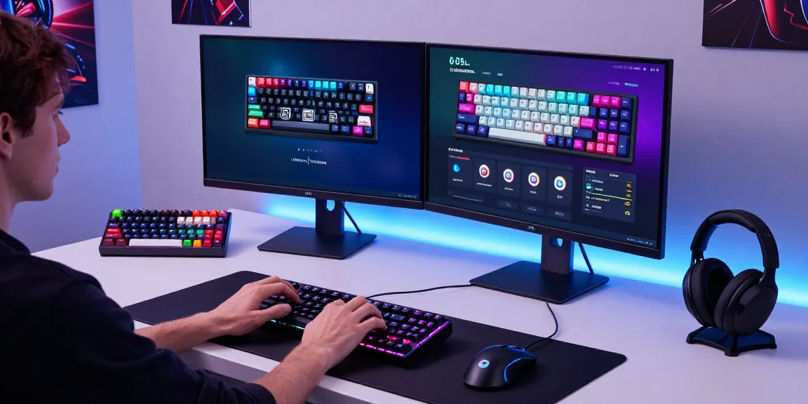 Customizing a 65 keyboard in a modern gaming workspace with RGB lighting and tech accessories.