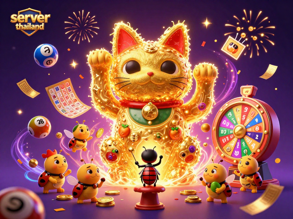 Experience excitement with server thailand as golden fireflies create a lucky cat amidst vibrant gambling elements.