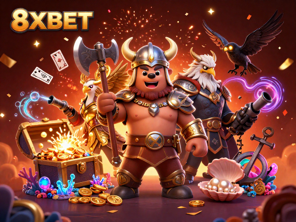 Engage with exciting 8XBET casino adventures featuring a Viking bear, Valkyrie eagle, and treasure treasures.