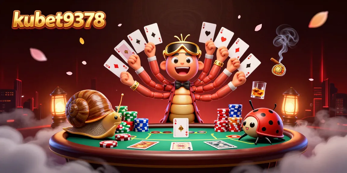 Experience winning at kubet9378 with a vibrant casino illustration featuring playful characters and poker elements.