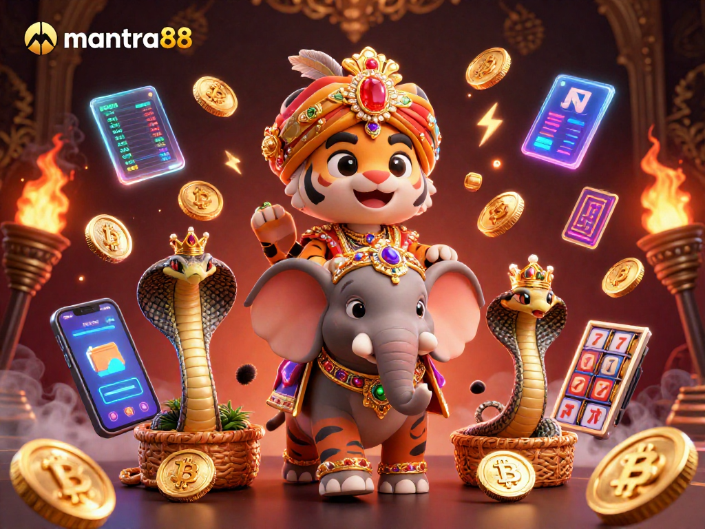 Experience thrilling gameplay at mantra88 with an 3D casino scene featuring a maharaja, elephant, and crypto coins.
