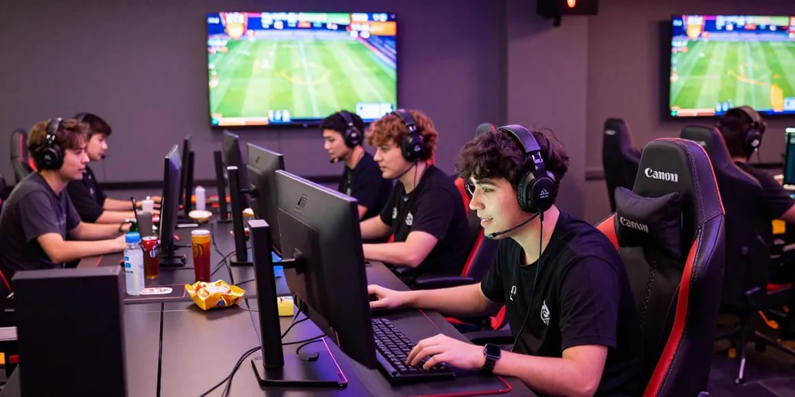 Young gamers enjoying competitive esports at CIKA4D with modern tech and vibrant atmosphere