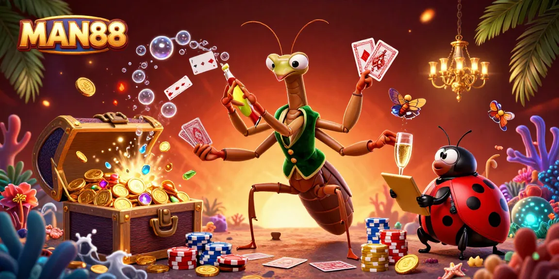 Experience MAN88's vibrant casino atmosphere with a giant mantis and ladybug characters engaging players.