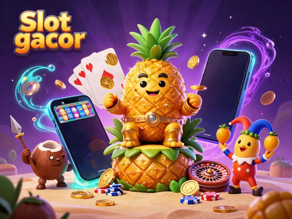 Experience the thrill of the Slot gacor with our vibrant beach casino scene featuring a golden pineapple king, game elements, and tropical vibes.