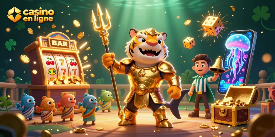 Admirez la scène animée d'un casino en ligne où un requin tigre en armure d'or attaque avec son trident, entouré de machines à sous et de personnages marins.
