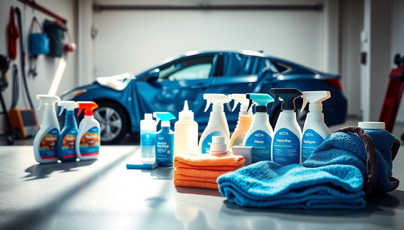 Showcase of car detailing products for beginners organized in a bright garage.