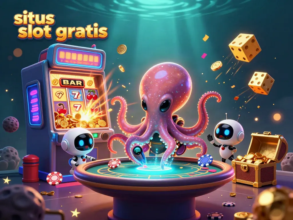 Experience situs slot gratis with an alien octopus and robot at a holographic poker table amidst vibrant casino elements.