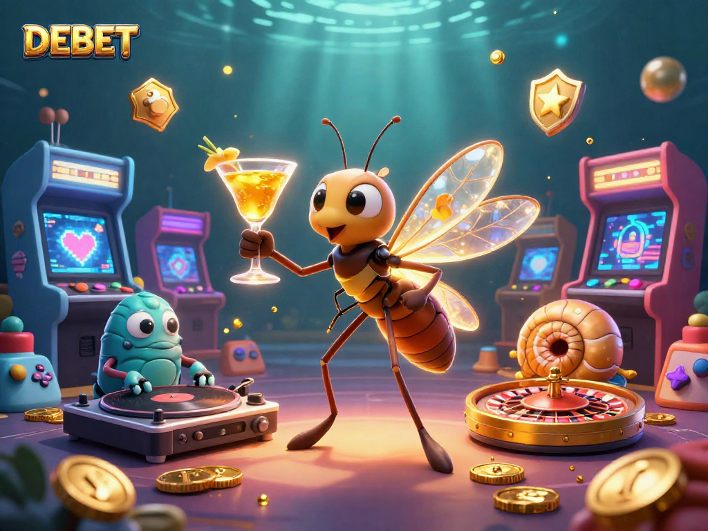 Experience DEBET's vibrant casino world with a dynamic 3D illustration of unique characters and game elements.