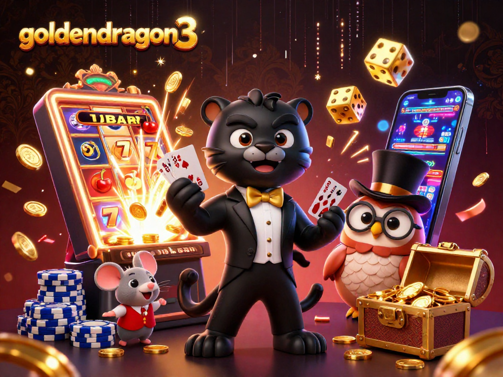 Experience the thrills of goldendragon3 with a vibrant casino scene featuring dynamic characters and jackpot symbols.