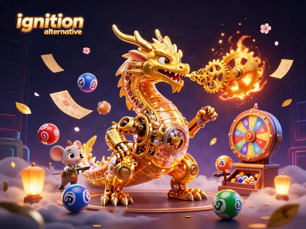 Spin the reels at ignition alternative in 3D with vibrant game elements and gold coins raining.