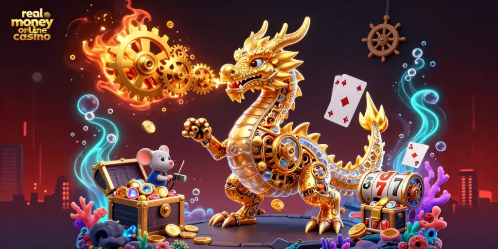 Experience the excitement of a real money online casino with vibrant gold coins and dynamic casino elements.