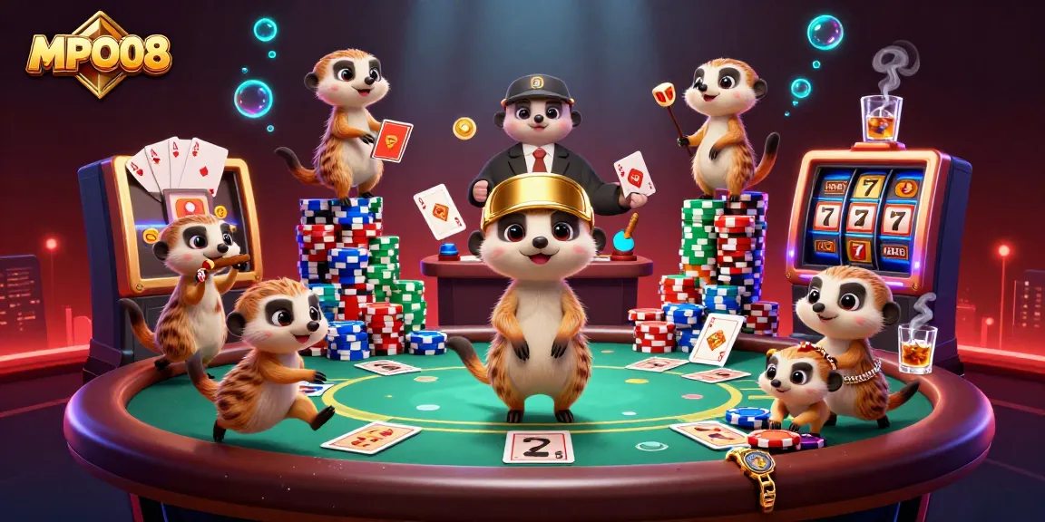 MPO08 offers vibrant casino action with meerkats in a dynamic gaming illustration featuring poker and slots.