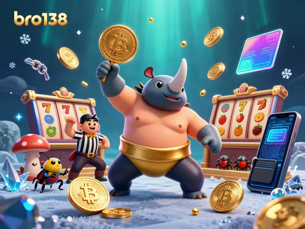 Experience the excitement of bro138's vibrant casino scene with flying coins and lively characters!