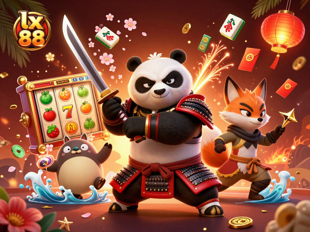 Engage with lx 88's dynamic gaming scene featuring vibrant casino elements and animated characters.
