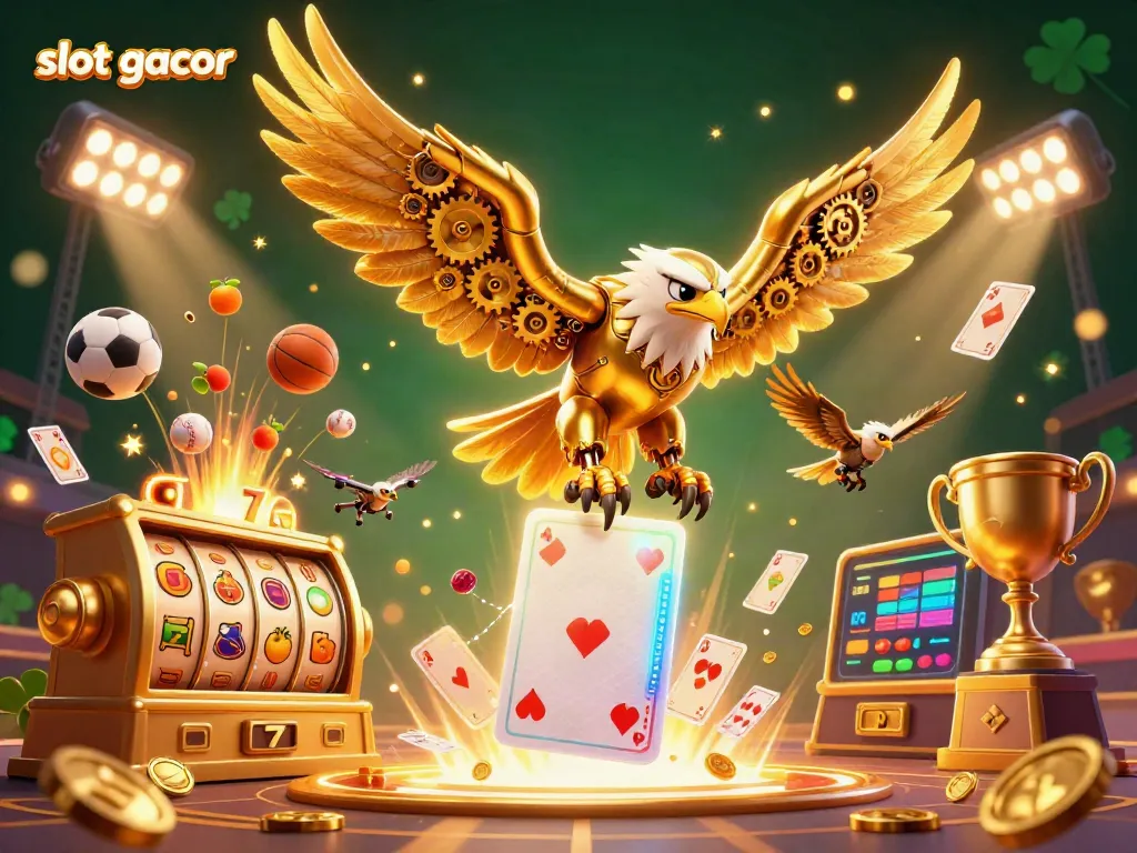 Experience the thrill of slot gacor as a cybernetic eagle dives through cascading winning symbols.
