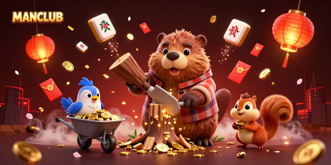 Experience the thrill at MANCLUB: A dynamic 3D illustration of a cartoon beaver and friends celebrating golden wins.