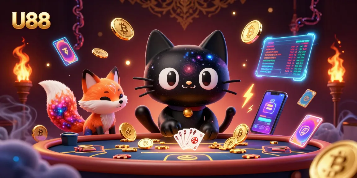 Experience U88 at a cosmic casino with a black hole cat and nebula fox surrounded by crypto coins.