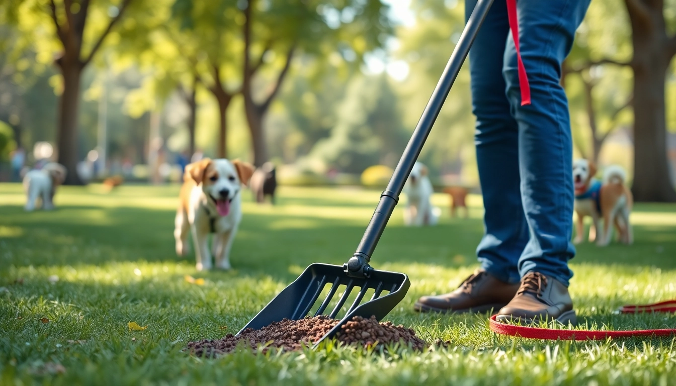 Dog poop scooper efficiently cleaning up after a dog in a sunny park setting.
